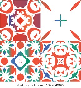 Decorative color ceramic talavera tiles. Set of vector seamless patterns. Bathroom design. Red folk ethnic ornaments for print, web background, surface texture, towels, pillows, wallpaper.