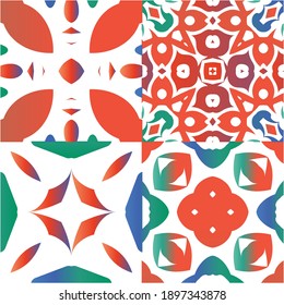 Decorative color ceramic talavera tiles. Kit of vector seamless patterns. Colored design. Red folk ethnic ornaments for print, web background, surface texture, towels, pillows, wallpaper.