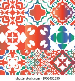 Decorative color ceramic talavera tiles. Bathroom design. Kit of vector seamless patterns. Red folk ethnic ornaments for print, web background, surface texture, towels, pillows, wallpaper.