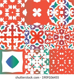 Decorative color ceramic talavera tiles. Stylish design. Collection of vector seamless patterns. Red folk ethnic ornaments for print, web background, surface texture, towels, pillows, wallpaper.