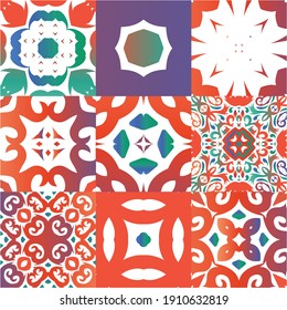 Decorative color ceramic talavera tiles. Stylish design. Set of vector seamless patterns. Red folk ethnic ornaments for print, web background, surface texture, towels, pillows, wallpaper.