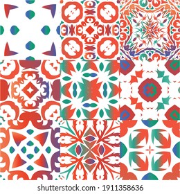Decorative color ceramic talavera tiles. Kitchen design. Collection of vector seamless patterns. Red folk ethnic ornaments for print, web background, surface texture, towels, pillows, wallpaper.