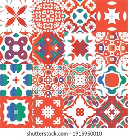 Decorative color ceramic talavera tiles. Set of vector seamless patterns. Fashionable design. Red folk ethnic ornaments for print, web background, surface texture, towels, pillows, wallpaper.