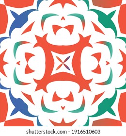 Decorative color ceramic talavera tiles. Creative design. Vector seamless pattern elements. Red folk ethnic ornament for print, web background, surface texture, towels, pillows, wallpaper.