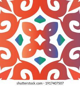 Decorative color ceramic talavera tiles. Vector seamless pattern template. Kitchen design. Red folk ethnic ornament for print, web background, surface texture, towels, pillows, wallpaper.
