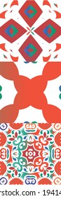 Decorative color ceramic talavera tiles. Set of vector seamless patterns. Minimal design. Red folk ethnic ornaments for print, web background, surface texture, towels, pillows, wallpaper.