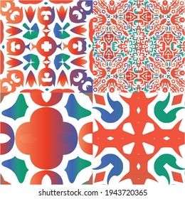 Decorative color ceramic talavera tiles. Kit of vector seamless patterns. Universal design. Red folk ethnic ornaments for print, web background, surface texture, towels, pillows, wallpaper.