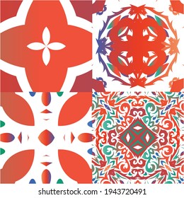 Decorative color ceramic talavera tiles. Minimal design. Kit of vector seamless patterns. Red folk ethnic ornaments for print, web background, surface texture, towels, pillows, wallpaper.