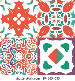 Decorative color ceramic talavera tiles. Modern design. Collection of vector seamless patterns. Red folk ethnic ornaments for print, web background, surface texture, towels, pillows, wallpaper.