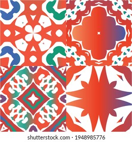 Decorative color ceramic talavera tiles. Modern design. Collection of vector seamless patterns. Red folk ethnic ornaments for print, web background, surface texture, towels, pillows, wallpaper.