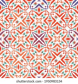 Decorative color ceramic talavera tiles. Vector seamless pattern collage. Original design. Red folk ethnic ornament for print, web background, surface texture, towels, pillows, wallpaper.