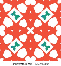 Decorative color ceramic talavera tiles. Vector seamless pattern watercolor. Kitchen design. Red folk ethnic ornament for print, web background, surface texture, towels, pillows, wallpaper.