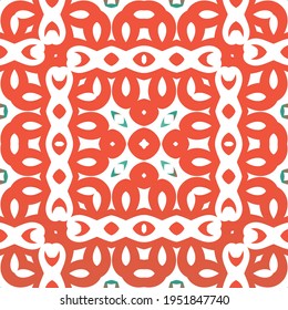Decorative color ceramic talavera tiles. Vector seamless pattern arabesque. Creative design. Red folk ethnic ornament for print, web background, surface texture, towels, pillows, wallpaper.