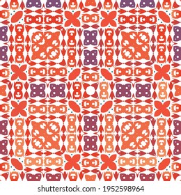 Decorative color ceramic talavera tiles. Fashionable design. Vector seamless pattern collage. Red folk ethnic ornament for print, web background, surface texture, towels, pillows, wallpaper.