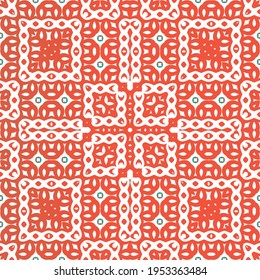 Decorative color ceramic talavera tiles. Vector seamless pattern arabesque. Creative design. Red folk ethnic ornament for print, web background, surface texture, towels, pillows, wallpaper.