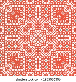 Decorative color ceramic talavera tiles. Vector seamless pattern arabesque. Creative design. Red folk ethnic ornament for print, web background, surface texture, towels, pillows, wallpaper.
