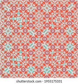 Decorative color ceramic talavera tiles. Vector seamless pattern poster. Colored design. Red folk ethnic ornament for print, web background, surface texture, towels, pillows, wallpaper.