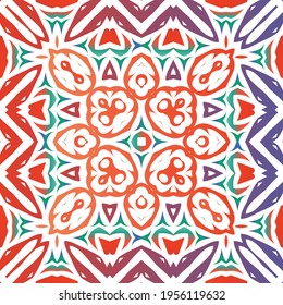 Decorative color ceramic talavera tiles. Vector seamless pattern collage. Original design. Red folk ethnic ornament for print, web background, surface texture, towels, pillows, wallpaper.