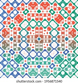 Decorative color ceramic talavera tiles. Vector seamless pattern texture. Creative design. Red folk ethnic ornament for print, web background, surface texture, towels, pillows, wallpaper.