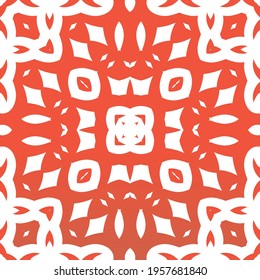 Decorative color ceramic talavera tiles. Vector seamless pattern trellis. Kitchen design. Red folk ethnic ornament for print, web background, surface texture, towels, pillows, wallpaper.