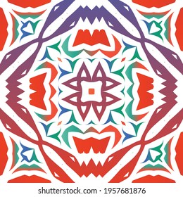 Decorative color ceramic talavera tiles. Vector seamless pattern collage. Original design. Red folk ethnic ornament for print, web background, surface texture, towels, pillows, wallpaper.