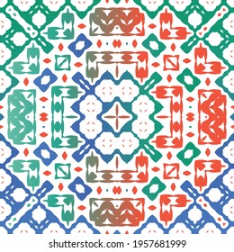 Decorative color ceramic talavera tiles. Vector seamless pattern texture. Creative design. Red folk ethnic ornament for print, web background, surface texture, towels, pillows, wallpaper.