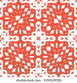 Decorative color ceramic talavera tiles. Vector seamless pattern trellis. Kitchen design. Red folk ethnic ornament for print, web background, surface texture, towels, pillows, wallpaper.