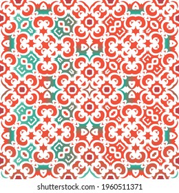Decorative color ceramic talavera tiles. Vector seamless pattern poster. Colored design. Red folk ethnic ornament for print, web background, surface texture, towels, pillows, wallpaper.