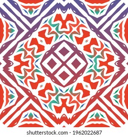 Decorative color ceramic talavera tiles. Vector seamless pattern collage. Original design. Red folk ethnic ornament for print, web background, surface texture, towels, pillows, wallpaper.