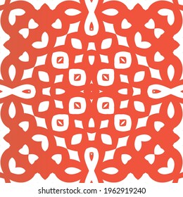 Decorative color ceramic talavera tiles. Vector seamless pattern arabesque. Creative design. Red folk ethnic ornament for print, web background, surface texture, towels, pillows, wallpaper.