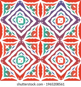 Decorative color ceramic talavera tiles. Vector seamless pattern collage. Original design. Red folk ethnic ornament for print, web background, surface texture, towels, pillows, wallpaper.