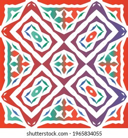 Decorative color ceramic talavera tiles. Vector seamless pattern collage. Original design. Red folk ethnic ornament for print, web background, surface texture, towels, pillows, wallpaper.