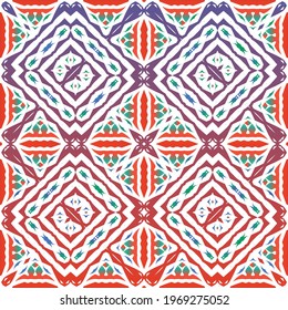 Decorative color ceramic talavera tiles. Vector seamless pattern collage. Original design. Red folk ethnic ornament for print, web background, surface texture, towels, pillows, wallpaper.