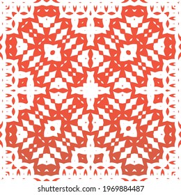 Decorative color ceramic talavera tiles. Vector seamless pattern trellis. Kitchen design. Red folk ethnic ornament for print, web background, surface texture, towels, pillows, wallpaper.