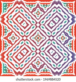 Decorative color ceramic talavera tiles. Vector seamless pattern collage. Original design. Red folk ethnic ornament for print, web background, surface texture, towels, pillows, wallpaper.