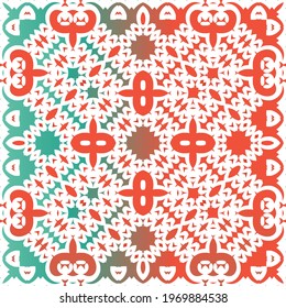 Decorative color ceramic talavera tiles. Vector seamless pattern poster. Colored design. Red folk ethnic ornament for print, web background, surface texture, towels, pillows, wallpaper.