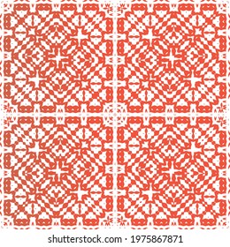 Decorative color ceramic talavera tiles. Vector seamless pattern trellis. Kitchen design. Red folk ethnic ornament for print, web background, surface texture, towels, pillows, wallpaper.