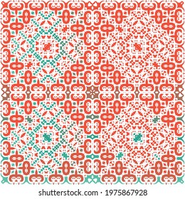 Decorative color ceramic talavera tiles. Vector seamless pattern poster. Colored design. Red folk ethnic ornament for print, web background, surface texture, towels, pillows, wallpaper.