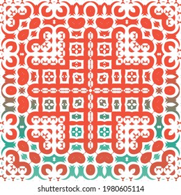 Decorative color ceramic talavera tiles. Vector seamless pattern poster. Colored design. Red folk ethnic ornament for print, web background, surface texture, towels, pillows, wallpaper.