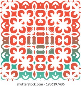 Decorative color ceramic talavera tiles. Vector seamless pattern poster. Colored design. Red folk ethnic ornament for print, web background, surface texture, towels, pillows, wallpaper.