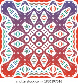 Decorative color ceramic talavera tiles. Vector seamless pattern collage. Original design. Red folk ethnic ornament for print, web background, surface texture, towels, pillows, wallpaper.