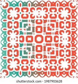 Decorative color ceramic talavera tiles. Vector seamless pattern poster. Colored design. Red folk ethnic ornament for print, web background, surface texture, towels, pillows, wallpaper.