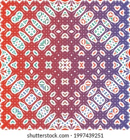 Decorative color ceramic talavera tiles. Vector seamless pattern collage. Original design. Red folk ethnic ornament for print, web background, surface texture, towels, pillows, wallpaper.