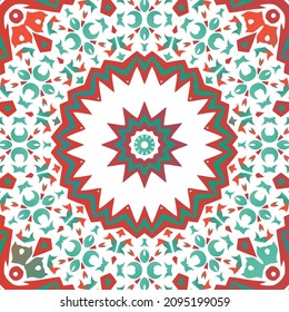 Decorative color ceramic talavera tiles. Vector seamless pattern collage. Original design. Red folk ethnic ornament for print, web background, surface texture, towels, pillows, wallpaper.