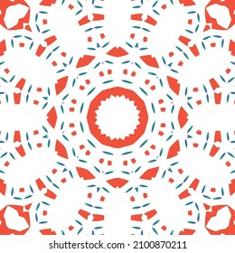 Decorative color ceramic talavera tiles. Bathroom design. Vector seamless pattern frame. Red folk ethnic ornament for print, web background, surface texture, towels, pillows, wallpaper.