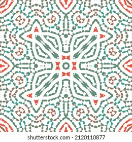 Decorative color ceramic talavera tiles. Vector seamless pattern collage. Original design. Red folk ethnic ornament for print, web background, surface texture, towels, pillows, wallpaper.