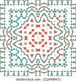 Decorative color ceramic talavera tiles. Vector seamless pattern collage. Original design. Red folk ethnic ornament for print, web background, surface texture, towels, pillows, wallpaper.