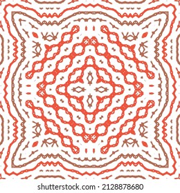 Decorative color ceramic talavera tiles. Hand drawn design. Vector seamless pattern trellis. Red folk ethnic ornament for print, web background, surface texture, towels, pillows, wallpaper.