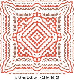 Carrelage en céramique de couleur décorative. Design dessiné à la main. Image vectorielle treillis motif harmonieux. Ornement ethnique folk rouge pour impression, arrière-plan web, texture de surface, serviettes, oreillers, fond d'écran.