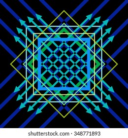 Decorative color composition from geometrical figures and parallel arrows. Vector drawing.
